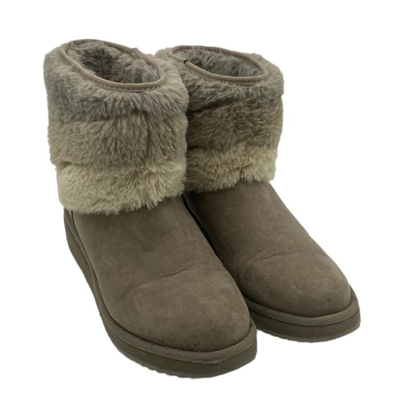 London Fog Collection Faux Fur Faux Suede Bootie Slip On Tan Sz 7M - Picture 1 of 13